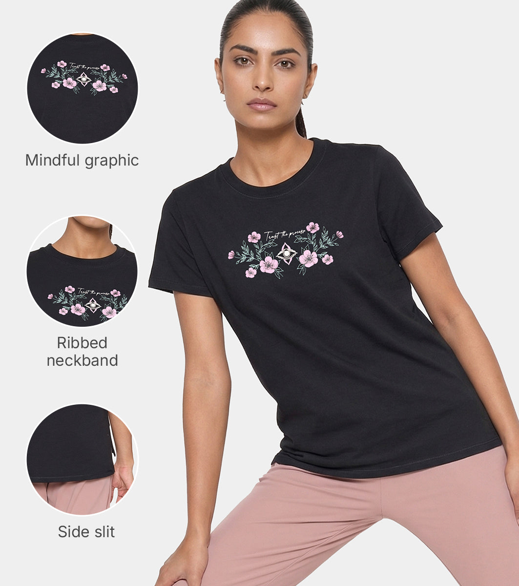 Enamor Short Sleeve Crew Neck Regular Length Cotton Active T-Shirt for Women - Relaxed Fit, Super Soft, Anti-Odour - A301 (Jet Black/Trust The Process Graphic)