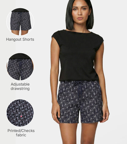 Enamor Mid Rise Mid Thigh Length Adjustable drawstring Hangout Shorts For Women - Relaxed Fit, Soft & Light Cotton - E7A1 (Delicate Floral Print)