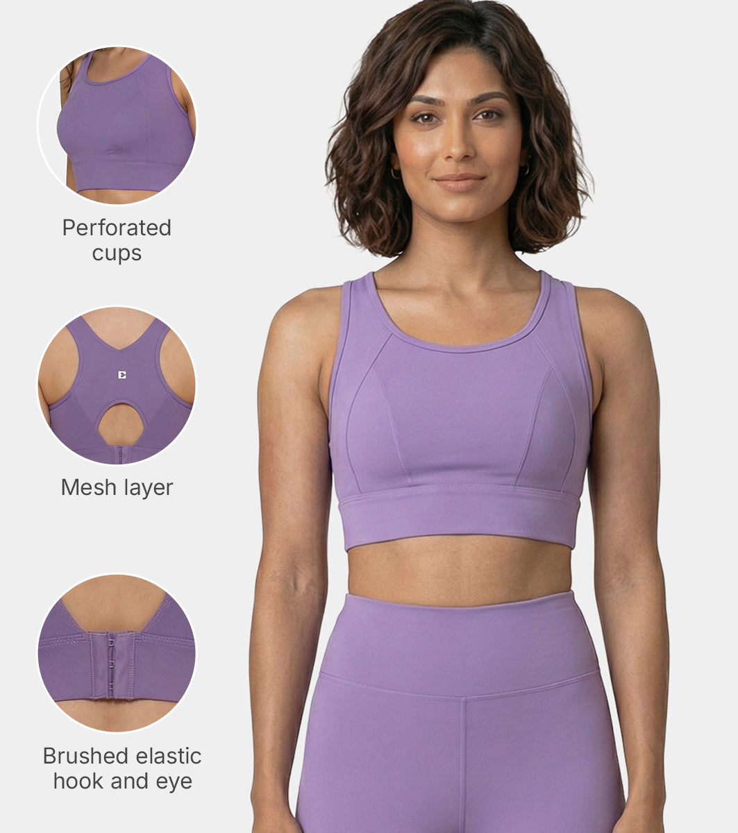 Enamor Crew Neck Sleeveless Crop length Sports Bra For Women - Hook & Eye Closure, Hugged Fit - A205 (Purple Haze)