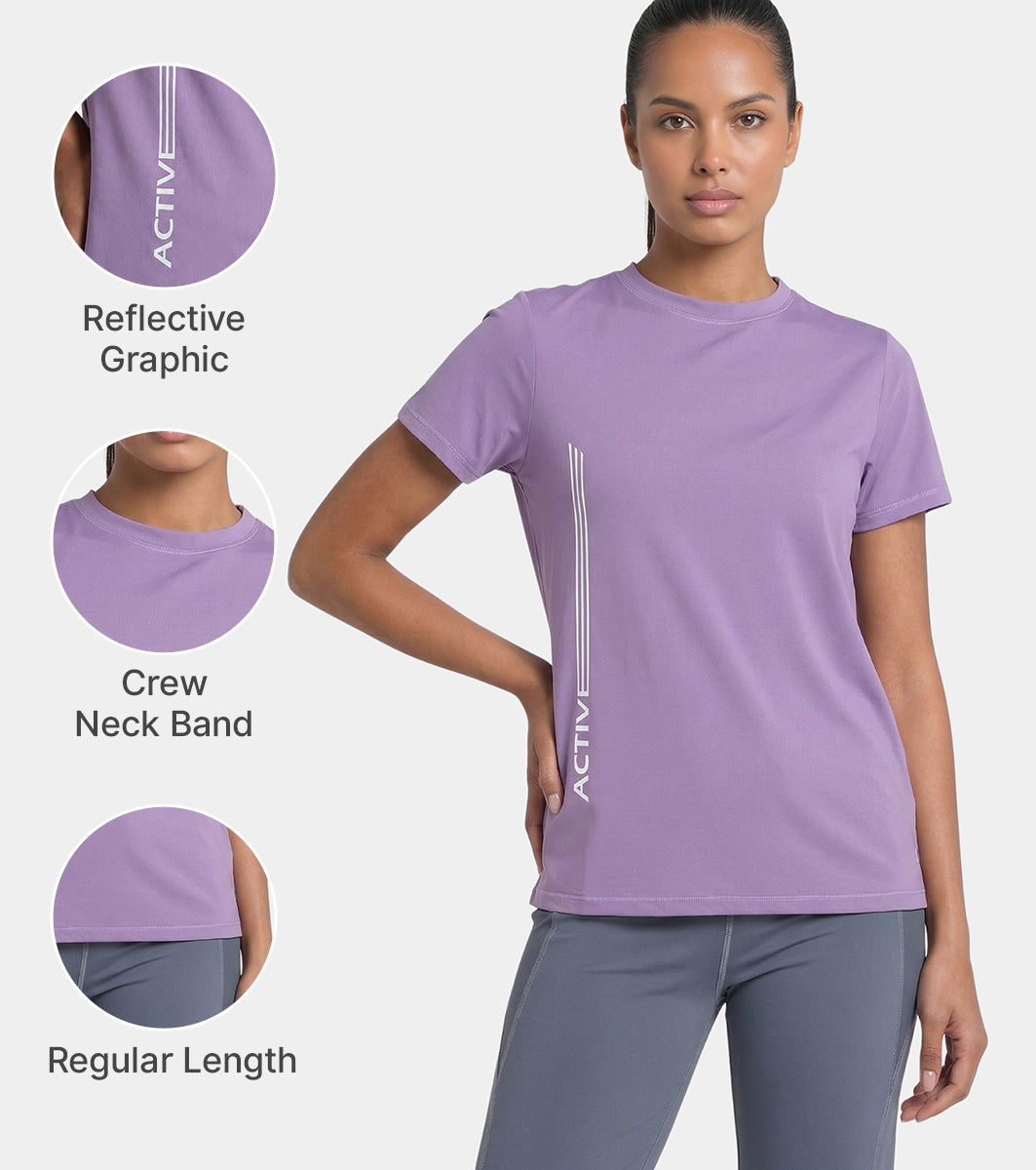 Enamor Short Sleeve Crew Neck Regular Length Basic Dry Fit Workout Crew T-Shirt for Women - Relaxed Fit, Quick Dry, Antimicrobial - A309 (Purple Haze Active Reflective Graphic)