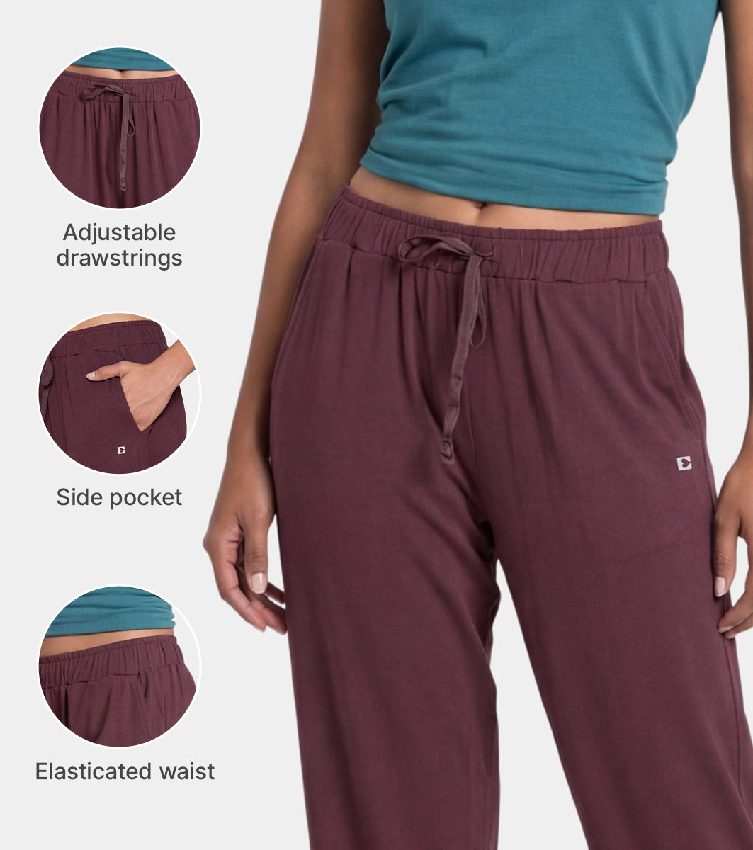 Enamor Mid Rise Regular Length Adjustable Drawstring Basic Home Lounge Pant for Women - Relaxed fit - E404 (Choco Fudge)