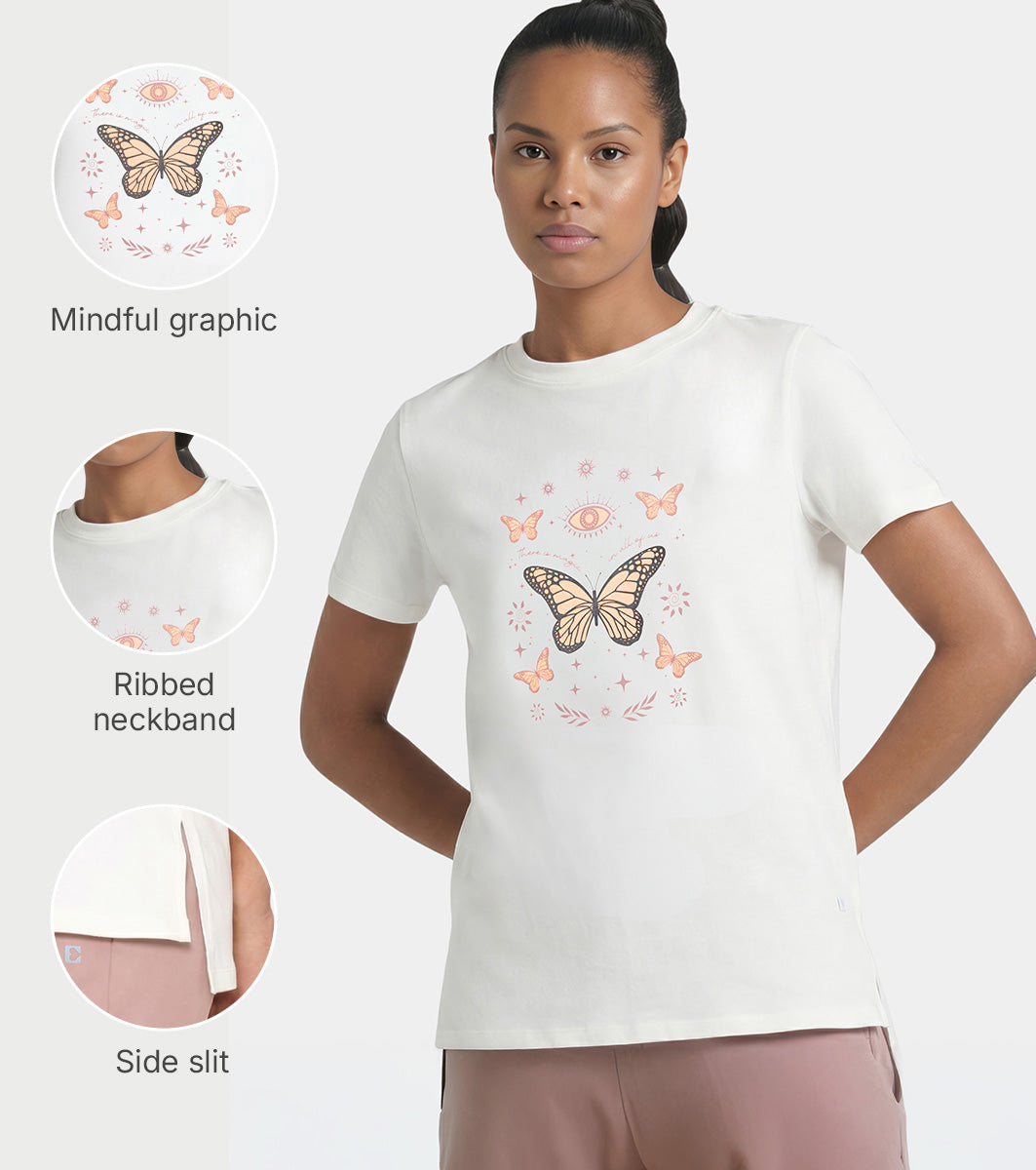Enamor Short Sleeve Crew Neck Regular Length Cotton Active T-Shirt for Women - Relaxed Fit, Super Soft, Anti-Odour - A301 (Marshmallow/Magic Graphic)
