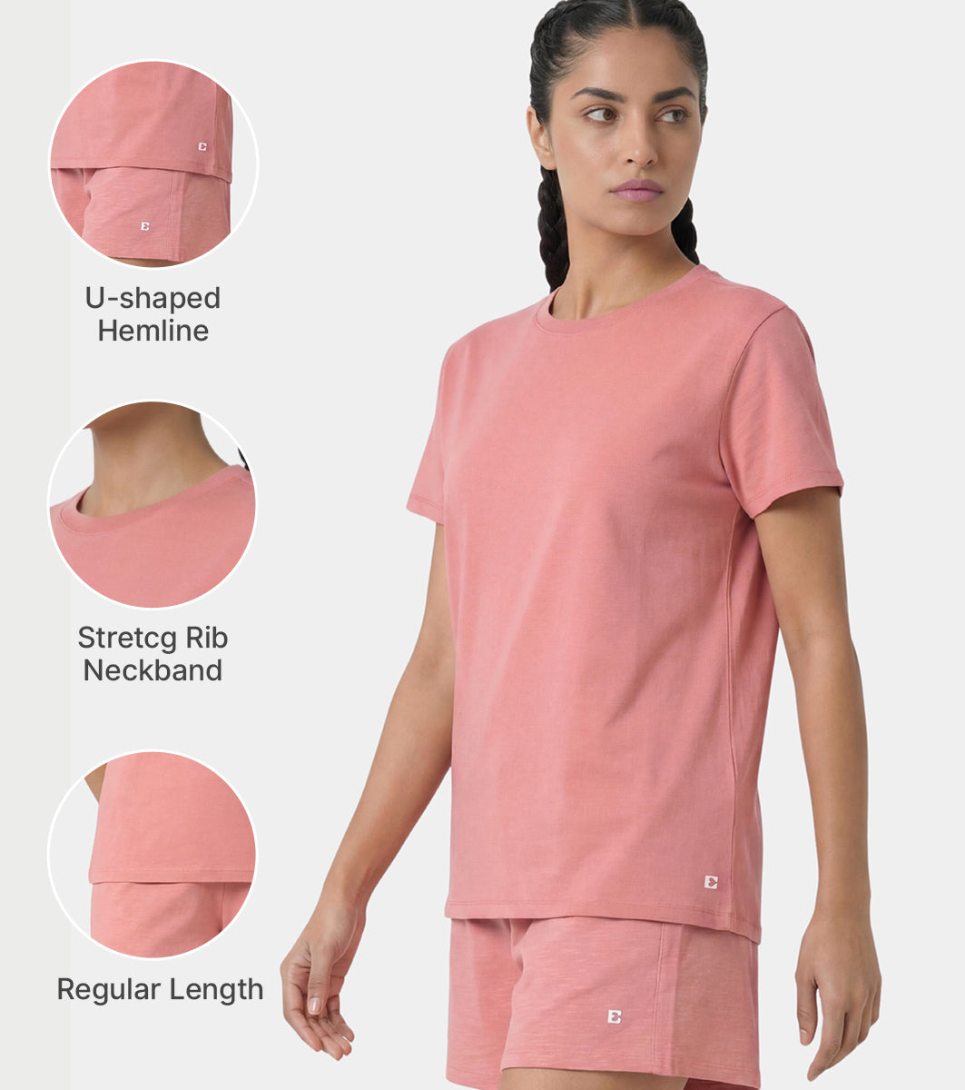 Enamor Pull on Short Sleeve Crew Neck Regular Length Cotton Comfort T-Shirt For Women - Relaxed Fit - E311 (Desert Sand)