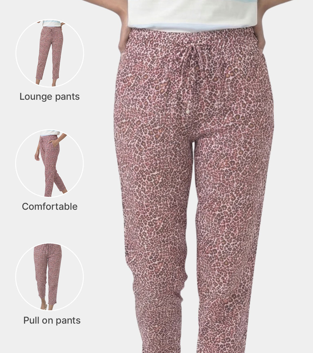 Enamor Mid Rise 7/8th length Drawstring Closure Shop In Pants for Women - Relaxed Fit, Soft & drapey 4-way stretch - E048 (Pink Abstract Animal Print)