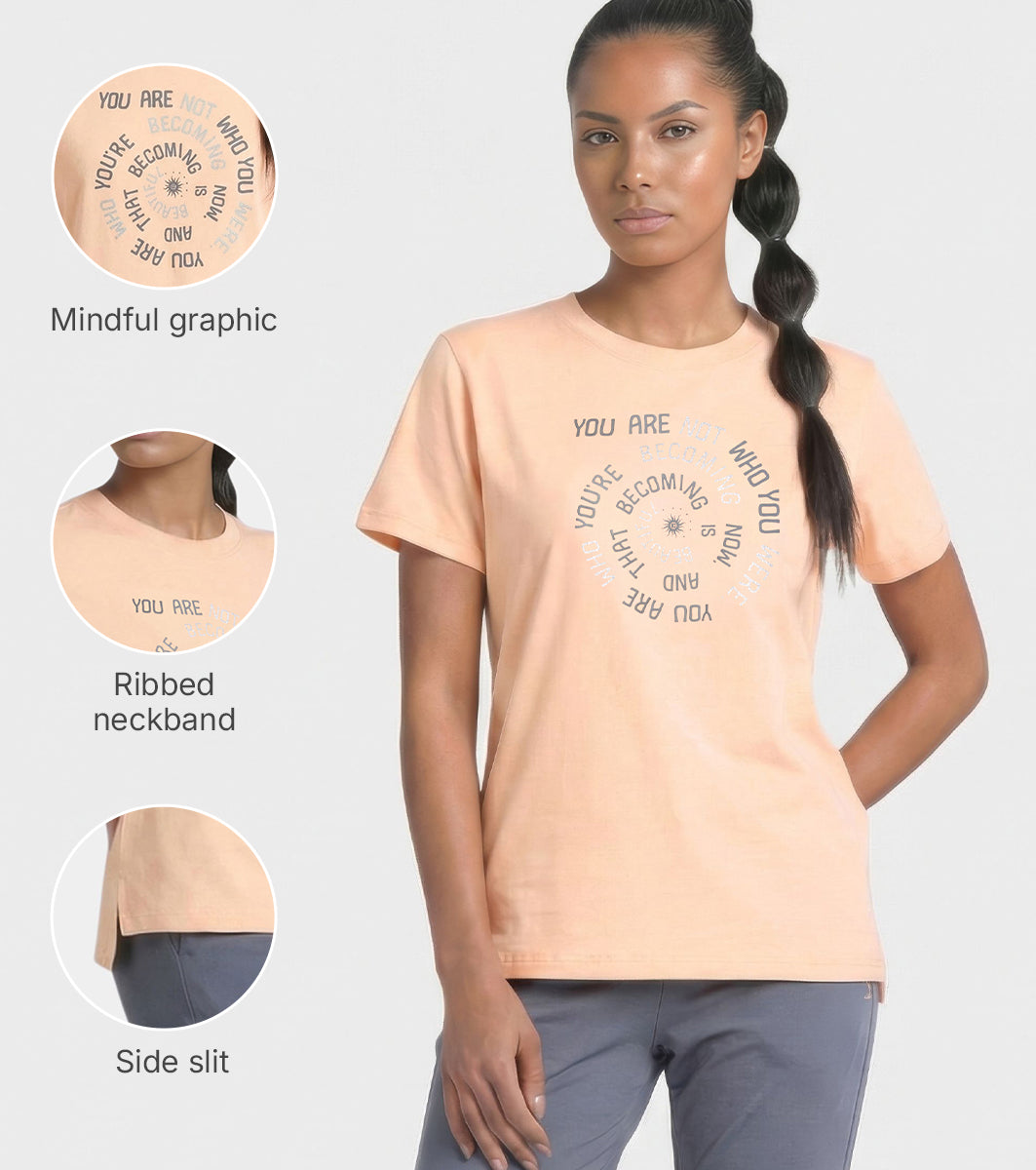 Enamor Short Sleeve Crew Neck Regular Length Cotton Active T-Shirt for Women - Relaxed Fit, Super Soft, Anti-Odour - A301 (Coral Sands/Spiral Graphic)