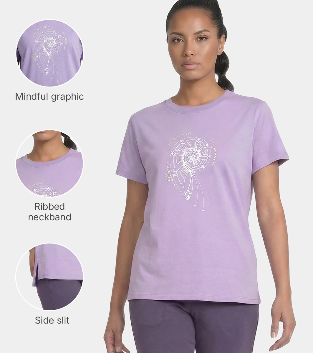Enamor Short Sleeve Crew Neck Regular Length Cotton Active T-Shirt for Women - Relaxed Fit, Super Soft, Anti-Odour - A301 (Purple Haze/Fibonacci Spiral Graphic)