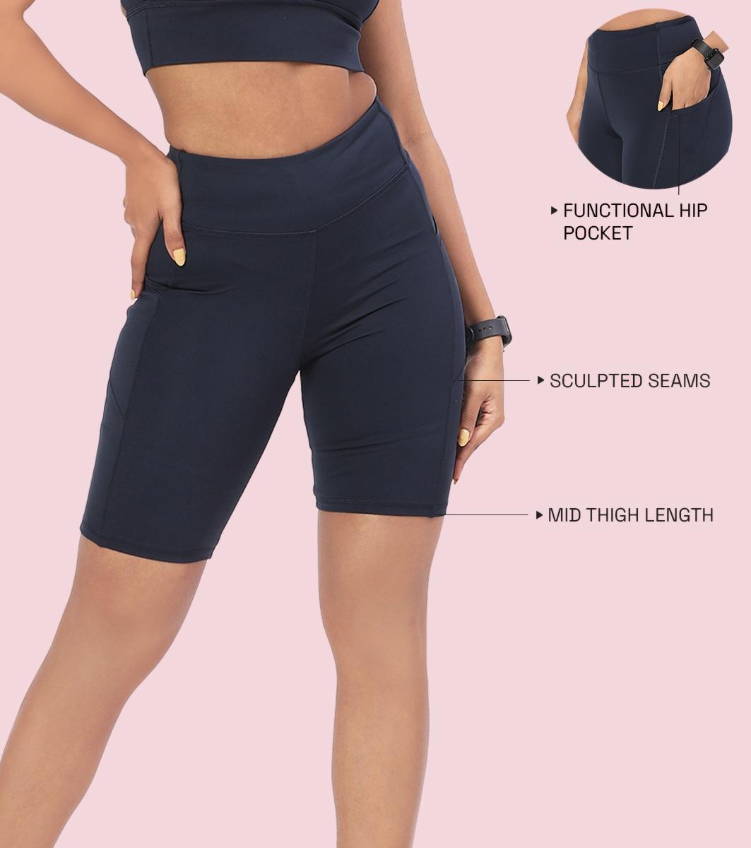 Enamor Knee length High Rise Elasticated Waist Skinny Tights with Pockets For Women - Hugged Fit - A703 (Navy)