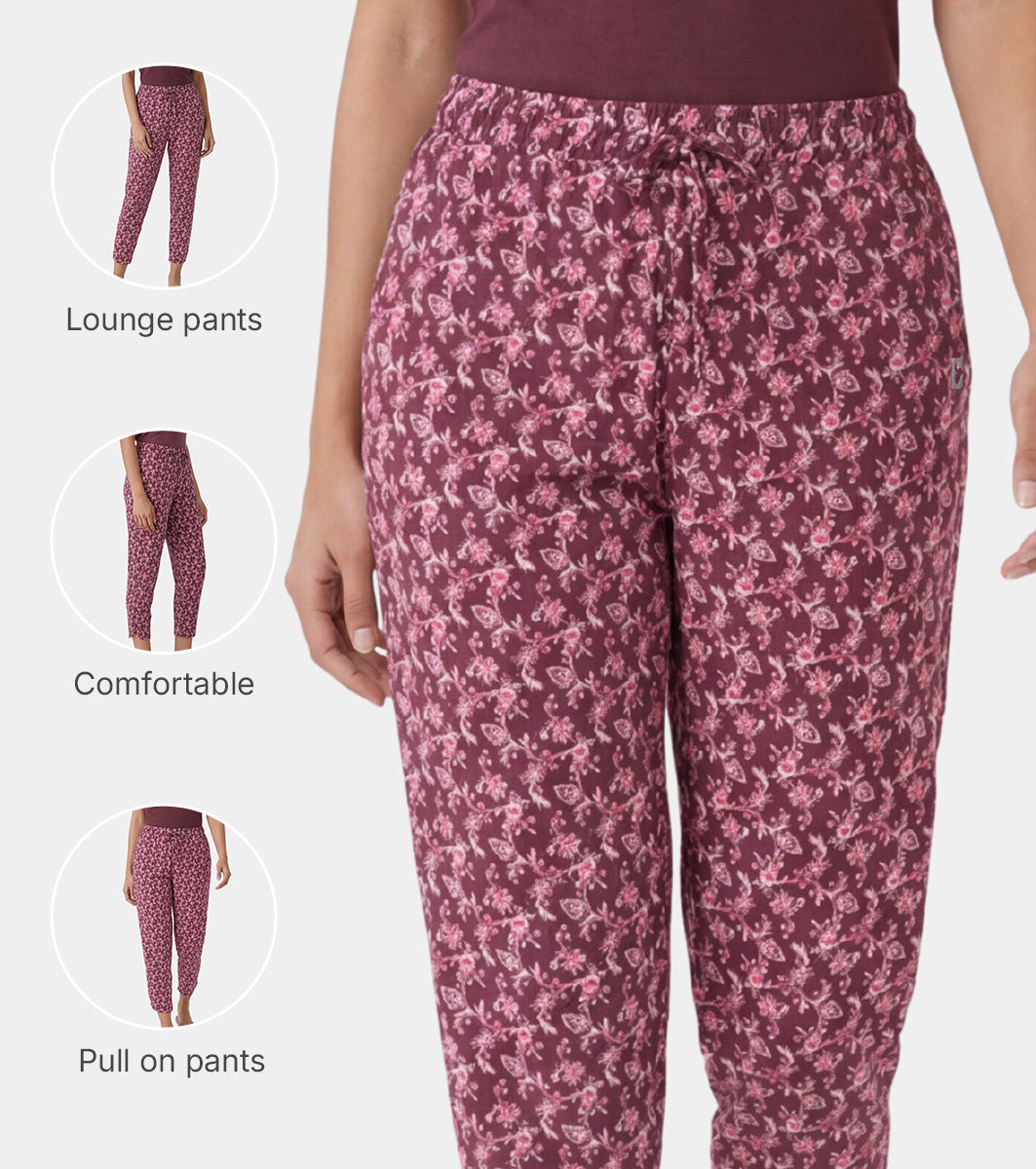 Enamor Mid Rise 7/8th length Drawstring Closure Shop In Pants for Women - Relaxed Fit, Soft & drapey 4-way stretch - E048 (Maroon Ethnic Print)