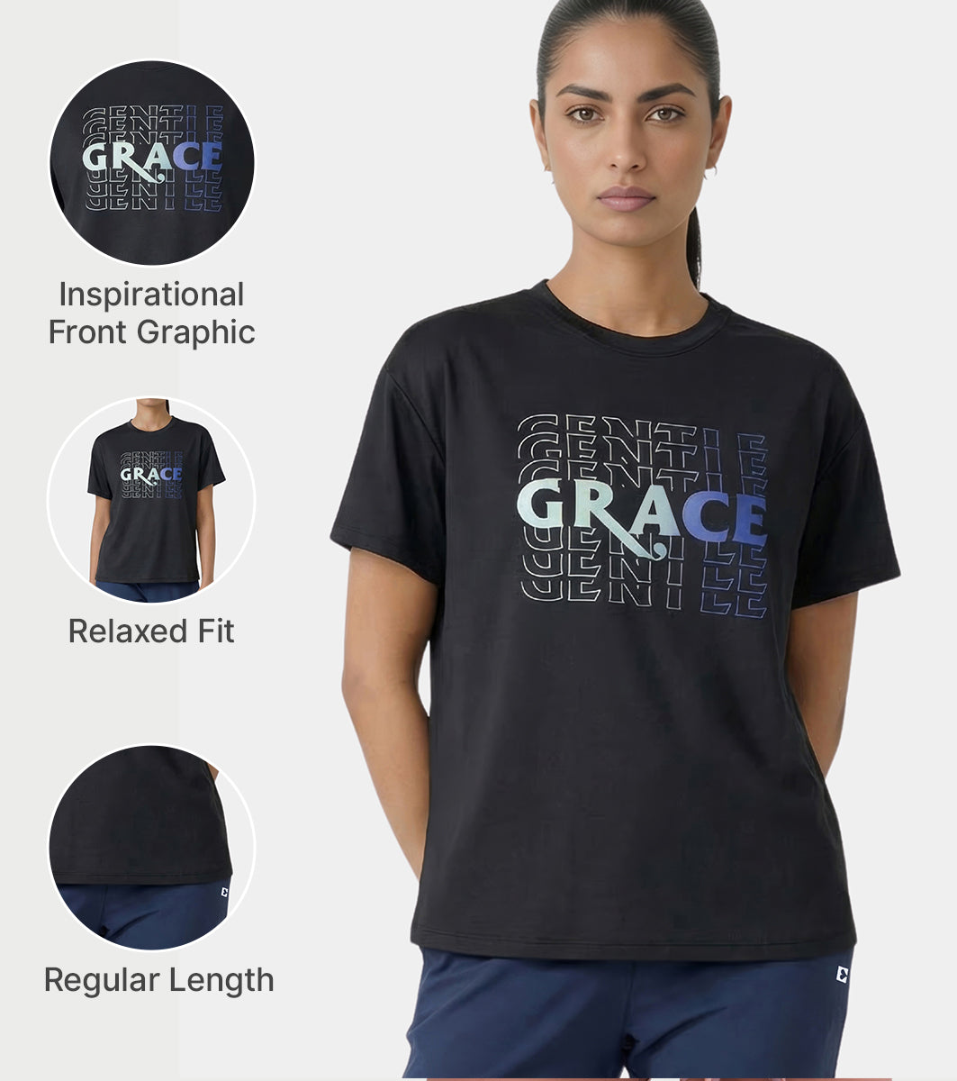 Enamor Active Graphic Tee – breathable, sweat-wicking all-day comfort - A321 (Black/Gentle Grace Graphic)