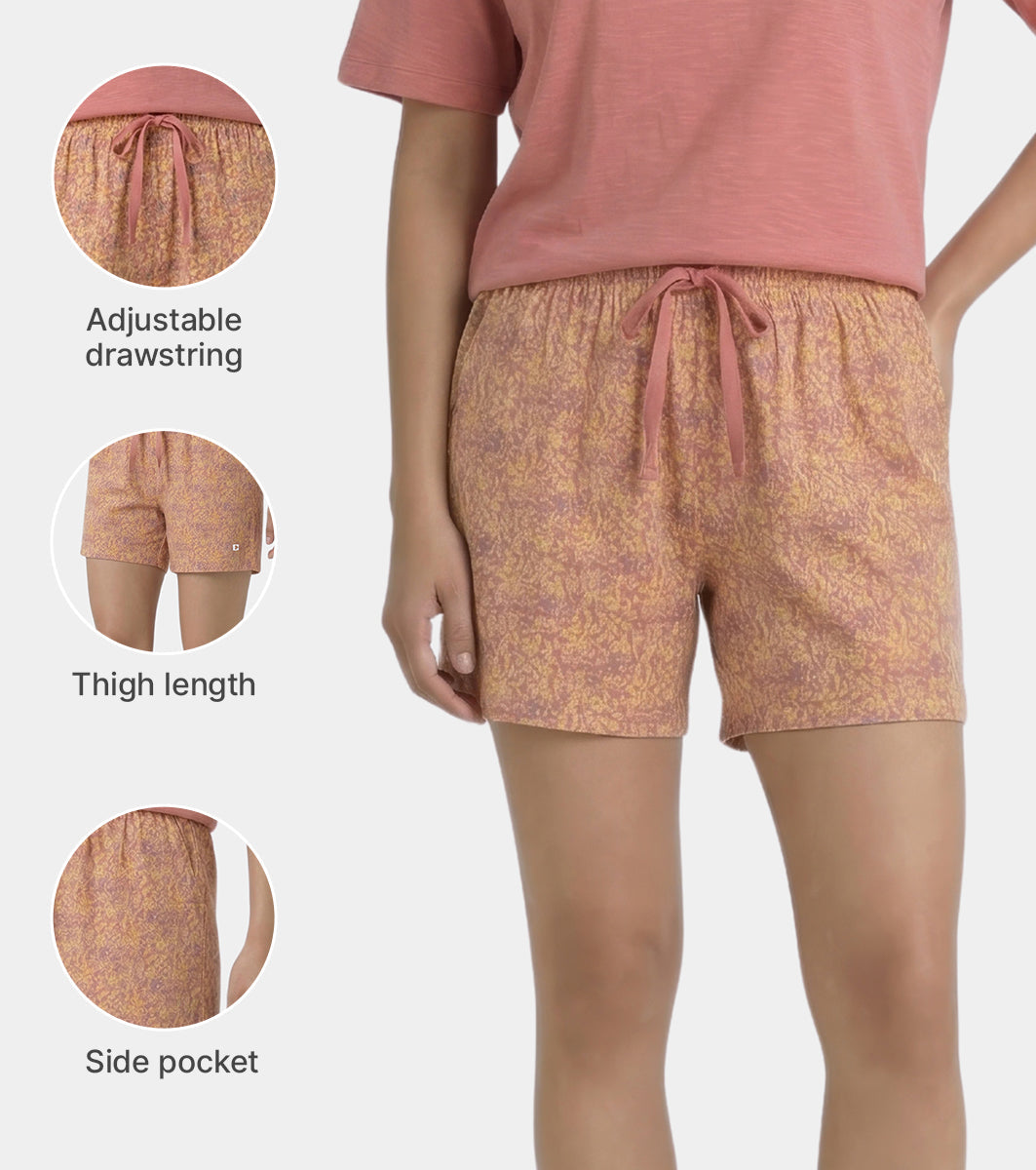Enamor Drawstring Mid Thigh Length Mid Rise Basic Shorts - Relaxed Fit, Super Soft Cotton - E062 (Wildflower Print)