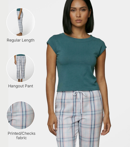 Enamor Mid Rise Full Length Adjustable drawstring Hangout Pant For Women - Relaxed Fit, Combed Cotton - E4A5 (Blue Pink Checks)
