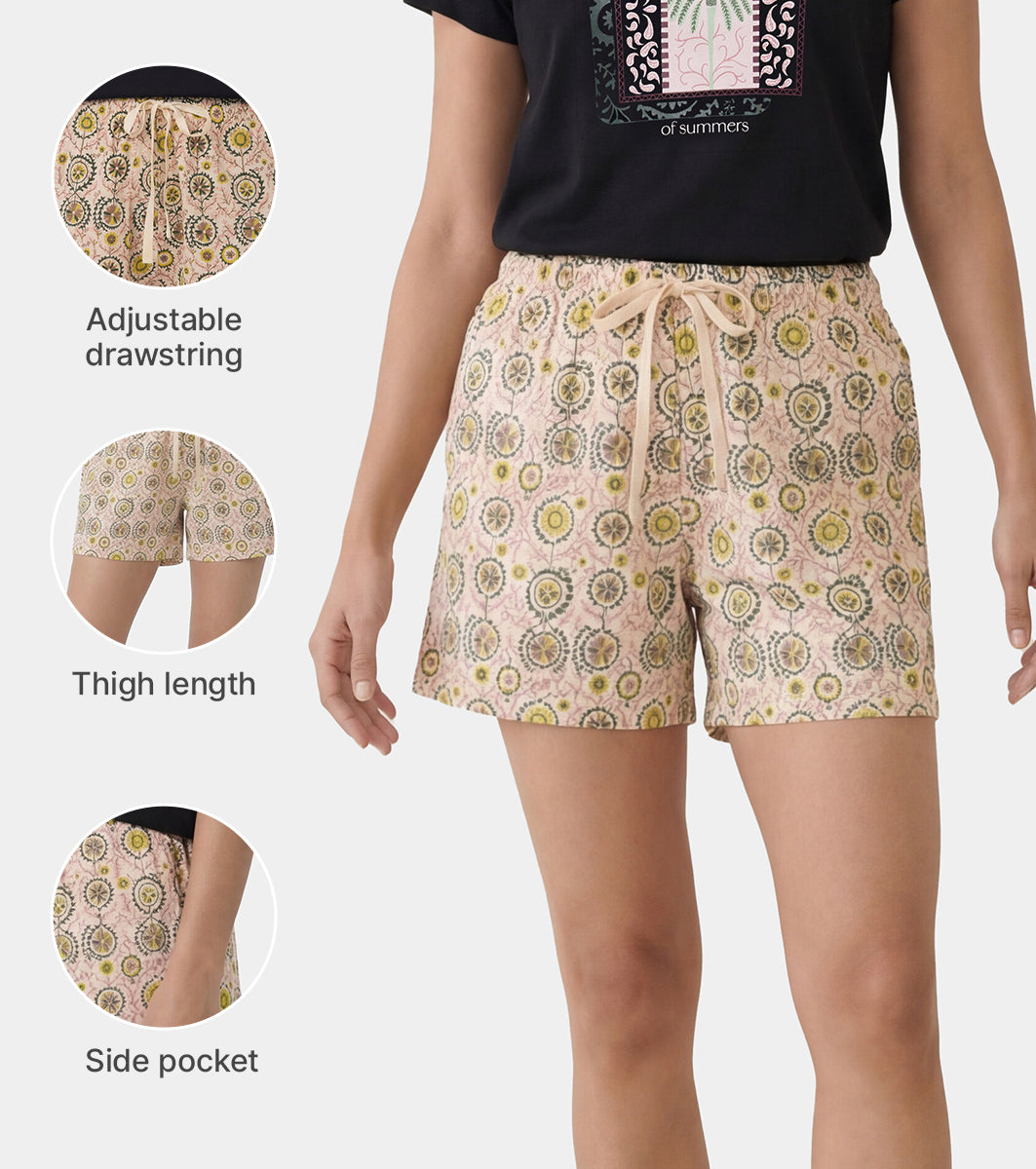 Enamor Drawstring Mid Thigh Length Mid Rise Basic Shorts - Relaxed Fit, Super Soft Cotton - E062 (Moroccan Print)
