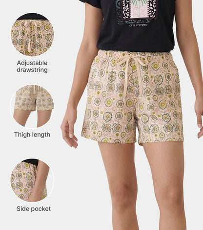 Enamor Drawstring Mid Thigh Length Mid Rise Basic Shorts - Relaxed Fit, Super Soft Cotton - E062 (Moroccan Print)