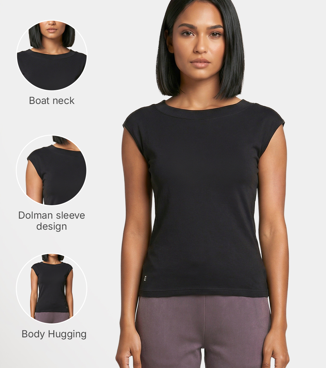 Enamor Boat Neck Body Hugging T‑Shirt, Slim Fit - E313 (Black)