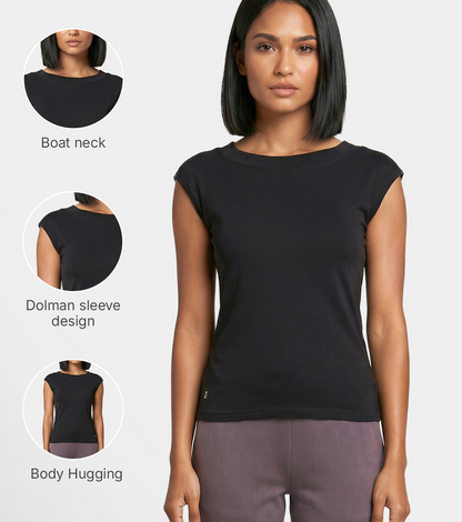Enamor Boat Neck Body Hugging T‑Shirt, Slim Fit - E313 (Black)