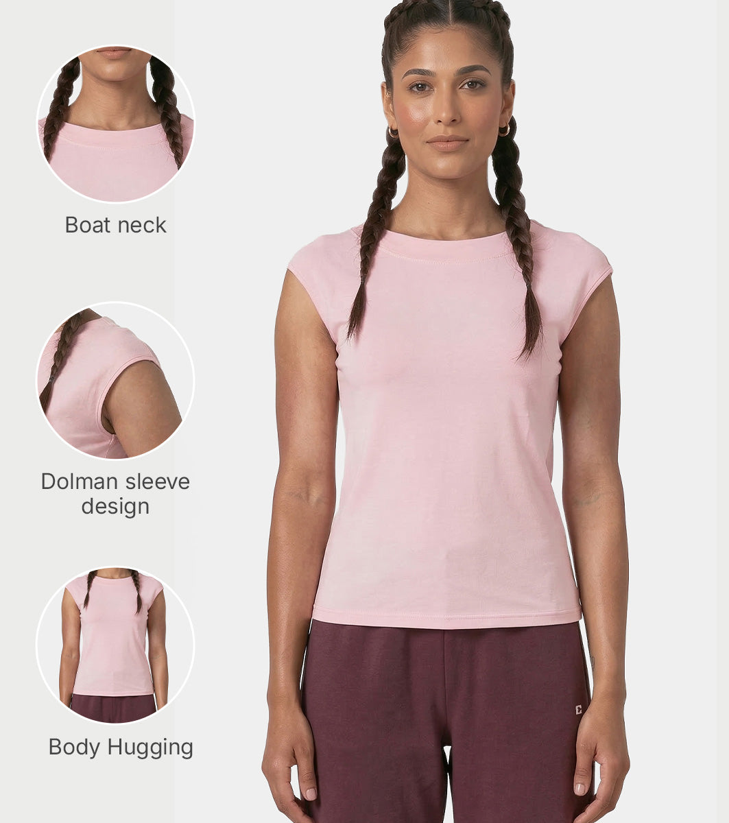 Enamor Boat Neck Body Hugging T‑Shirt, Slim Fit - E313 (Pink Nectar)