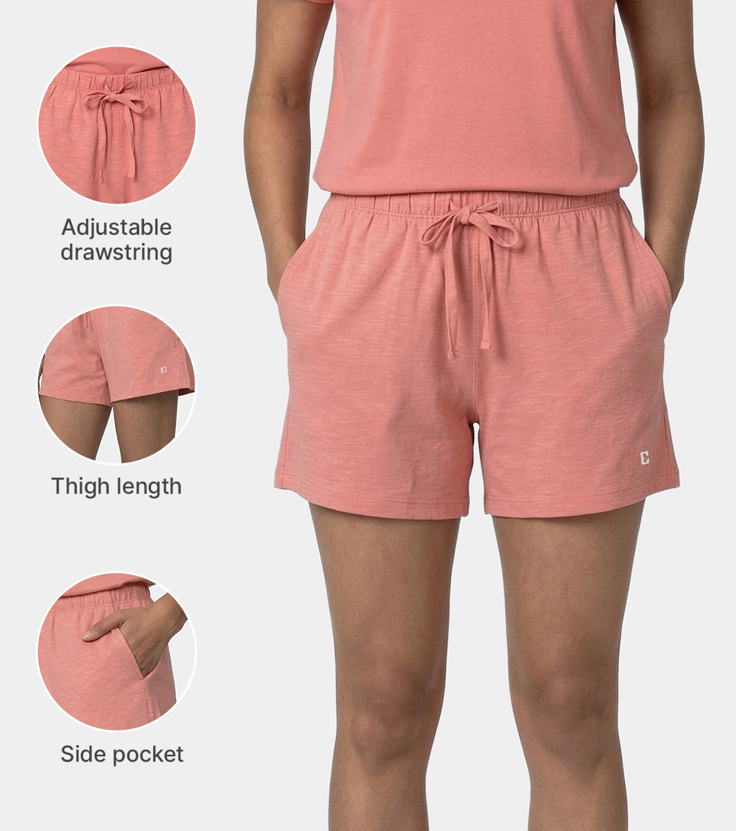 Enamor Drawstring Mid Thigh Length Mid Rise Basic Shorts - Relaxed Fit, Super Soft Cotton - E062 (Desert Sand)
