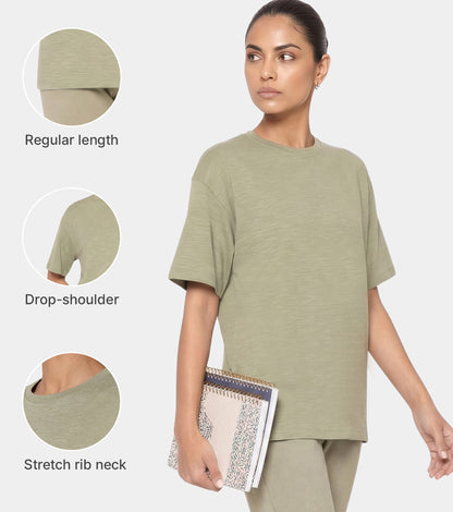 Enamor Oversized Drop Shoulder T-Shirt, 100% Cotton Slub, Oversized Fit - E312 (Deep Lichen Green)