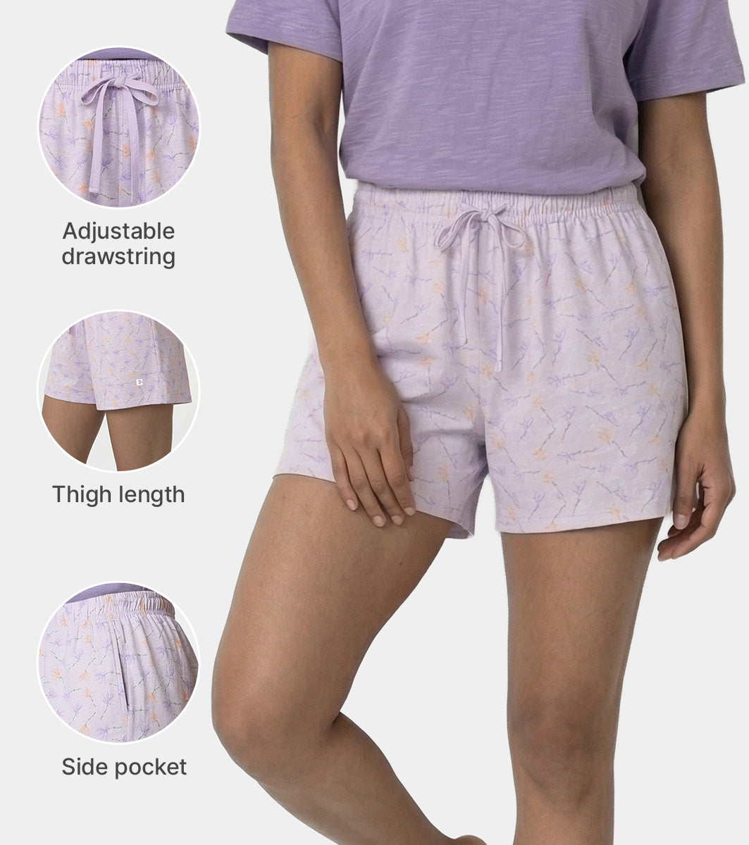 Enamor Drawstring Mid Thigh Length Mid Rise Basic Shorts - Relaxed Fit, Super Soft Cotton - E062 (Dot Texture Flower Print)