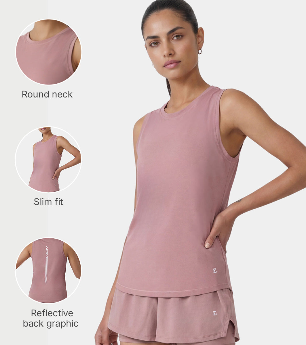 Enamor Active Tank, Slim Fit, Sleeveless Round Neck - A318 (Twilight Mauve)