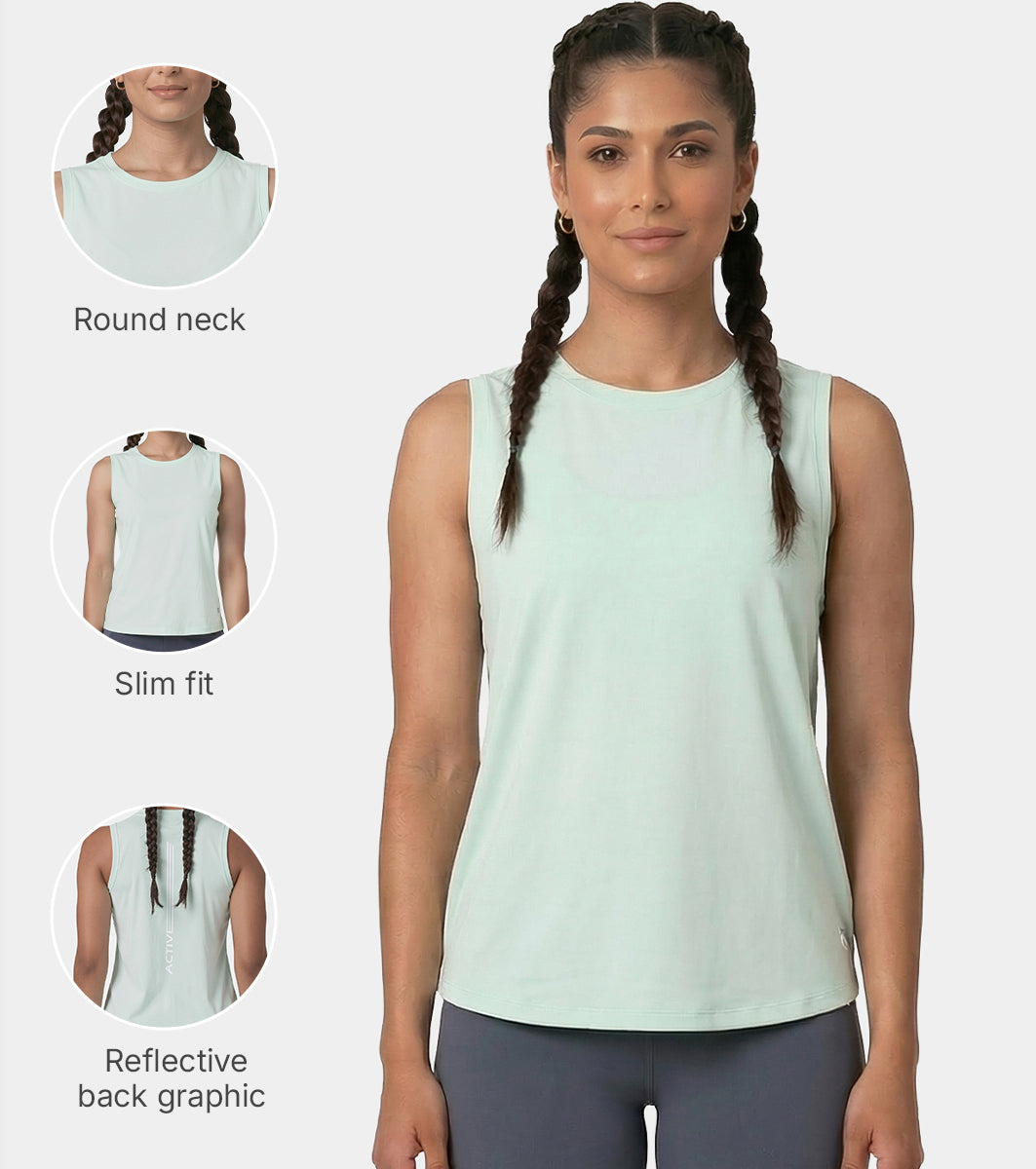 Enamor Active Tank, Slim Fit, Sleeveless Round Neck - A318 (Dusty Aqua)