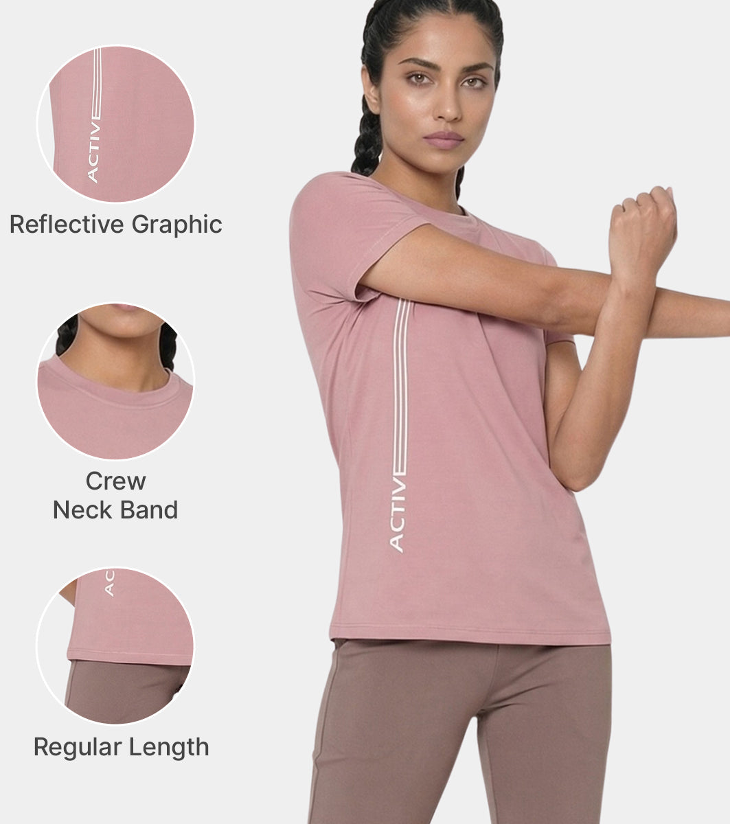 Enamor Short Sleeve Crew Neck Regular Length Basic Dry Fit Workout Crew T-Shirt for Women - Relaxed Fit, Quick Dry, Antimicrobial - A309 (Twilight Mauve Active Reflective Graphic)