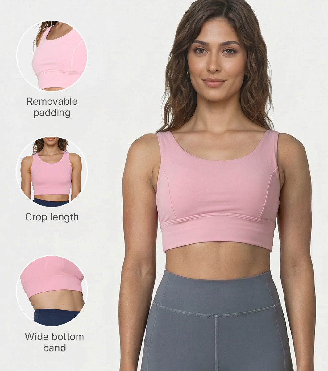 Enamor Sleeveless Crew Neck Crop length Pull On Sports Bra For Women - Hugged Fit, Cut Away Back Detail - A206 (Pink Nectar)
