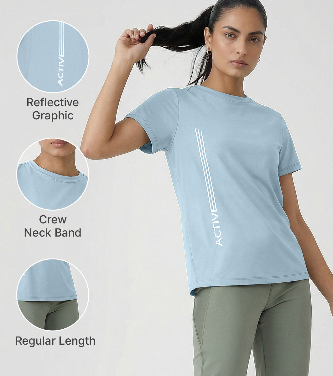 Enamor Short Sleeve Crew Neck Regular Length Basic Dry Fit Workout Crew T-Shirt for Women - Relaxed Fit, Quick Dry, Antimicrobial - A309 (Winter Sky Active Reflective Graphic)