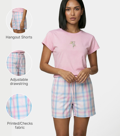 Enamor Mid Rise Mid Thigh Length Adjustable drawstring Hangout Shorts For Women - Relaxed Fit, Soft & Light Cotton - E7A1 (Pink/Light Blue Checks)