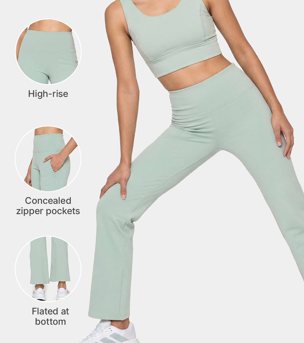 Enamor Fav Flare Pants – Butter-soft dry-fit, high-rise support & sleek flared style -A407 (Sage Green)