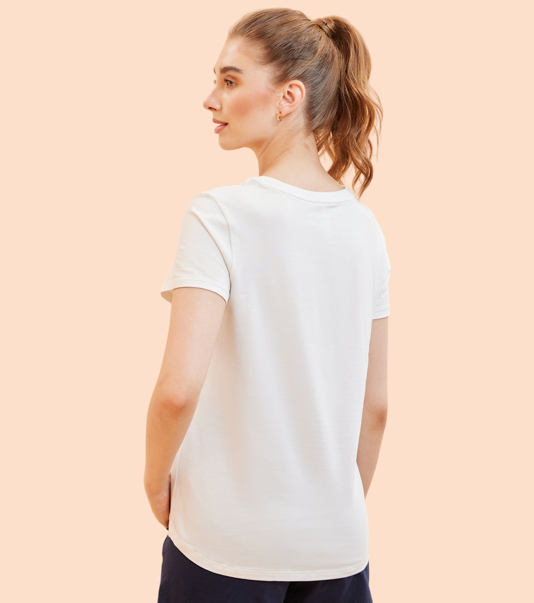 Enamor E3S5 High Low Tee Stripe - Short Sleeve Crew Neck Stretch Cotton Tee with Stylish Stripes
