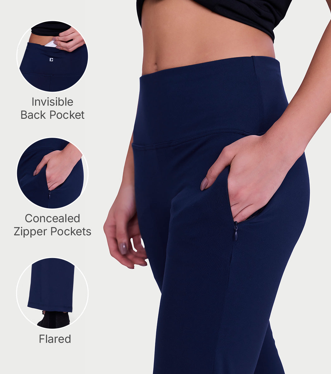 Enamor Fav Flare Pants – Butter-soft dry-fit, high-rise support & sleek flared style -A407 (Navy)