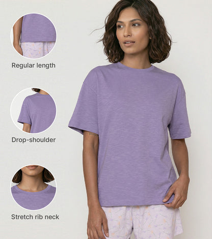Enamor Oversized Drop Shoulder T-Shirt, 100% Cotton Slub, Oversized Fit - E312 (Purple Haze)