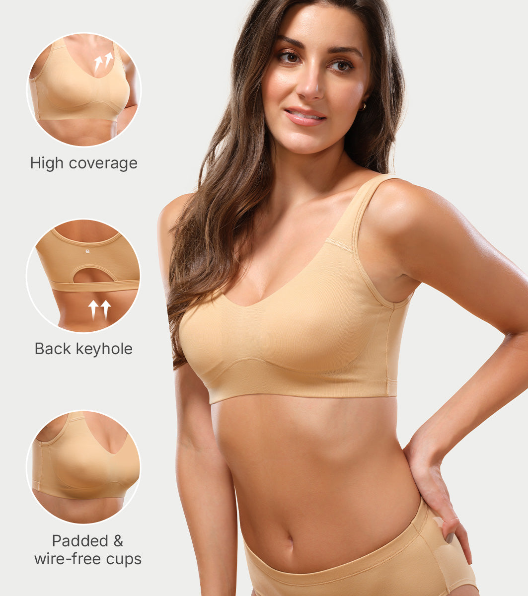 Enamor Easy Slip-On and Back Keyhole Women's Cotton Everyday Beginner's Bra - Padded, Wirefree, Full Coverage - A106 (Skin)