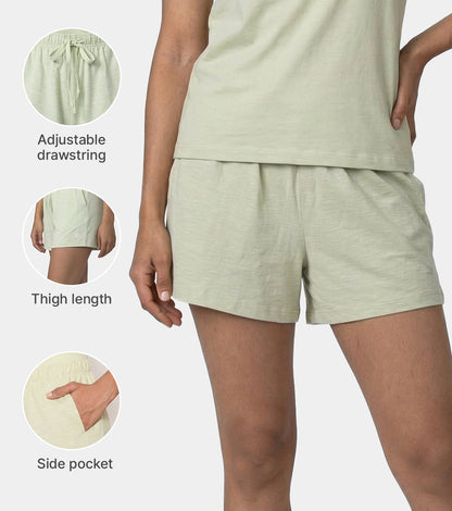 Enamor Drawstring Mid Thigh Length Mid Rise Basic Shorts - Relaxed Fit, Super Soft Cotton - E062 (Lint)