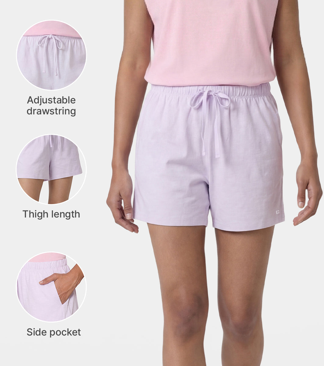 Enamor Drawstring Mid Thigh Length Mid Rise Basic Shorts - Relaxed Fit, Super Soft Cotton - E062 (Lavender Fog)