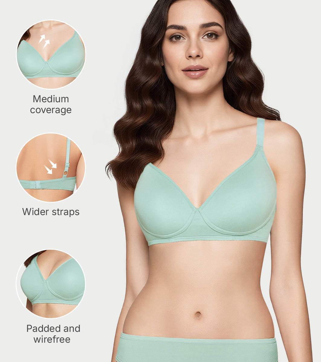 Enamor Supima Cotton Women's Plunge Lift Everyday T-Shirt Bra - Extra Comfort, Padded, Wirefree, Medium Coverage - A039 (Jade Green)