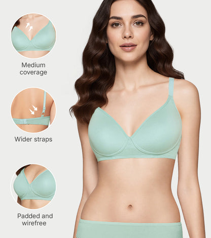 Enamor Supima Cotton Women's Plunge Lift Everyday T-Shirt Bra - Extra Comfort, Padded, Wirefree, Medium Coverage - A039 (Jade Green)