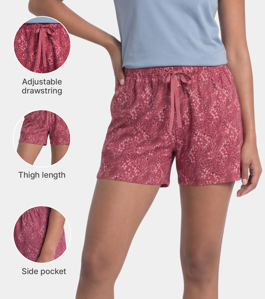 Enamor Drawstring Mid Thigh Length Mid Rise Basic Shorts - Relaxed Fit, Super Soft Cotton - E062 (Pink Animal Print)