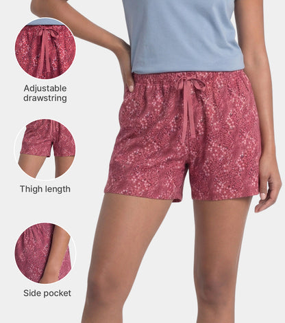 Enamor Drawstring Mid Thigh Length Mid Rise Basic Shorts - Relaxed Fit, Super Soft Cotton - E062 (Pink Animal Print)