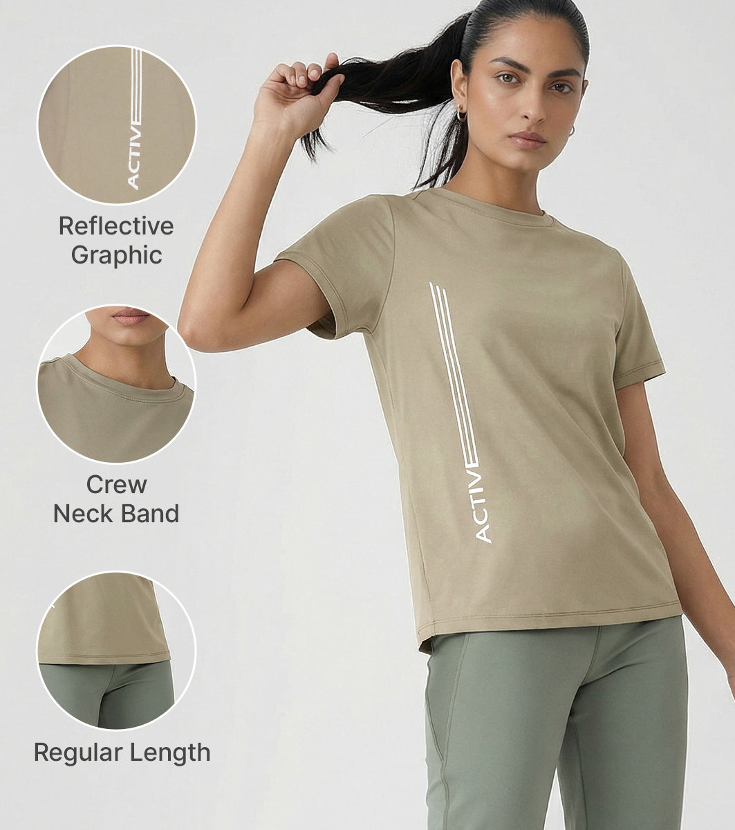 Enamor Short Sleeve Crew Neck Regular Length Basic Dry Fit Workout Crew T-Shirt for Women - Relaxed Fit, Quick Dry, Antimicrobial - A309 (Deep Lichen Green Active Reflective Graphic)