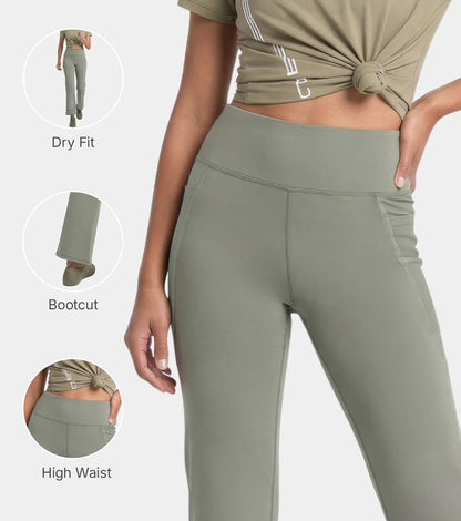 Enamor High Rise Full Length Pull on Boot Cut Active Pant For Women - Relaxed Fit, Quick Dry, Antimicrobial - A402 (Deep Lichen Green)