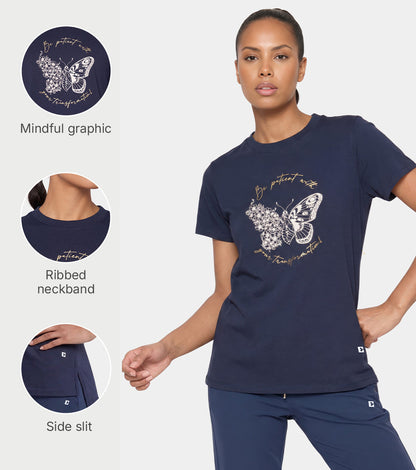 Enamor Short Sleeve Crew Neck Regular Length Cotton Active T-Shirt for Women - Relaxed Fit, Super Soft, Anti-Odour - A301 (Navy/Transformation Graphic)