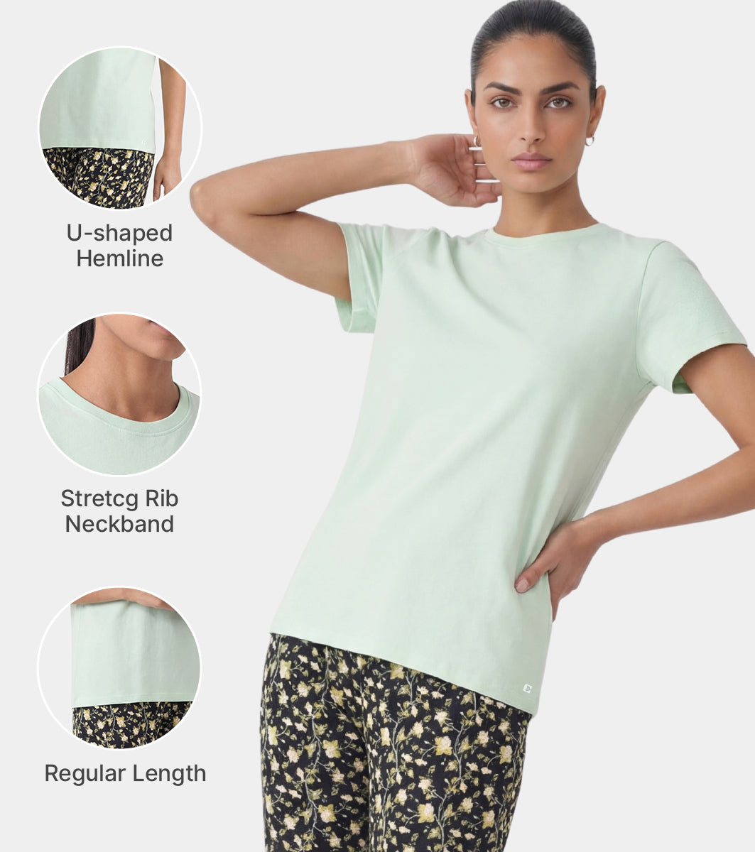 Enamor Pull on Short Sleeve Crew Neck Regular Length Cotton Comfort T-Shirt For Women - Relaxed Fit - E311 (Smoke Green)