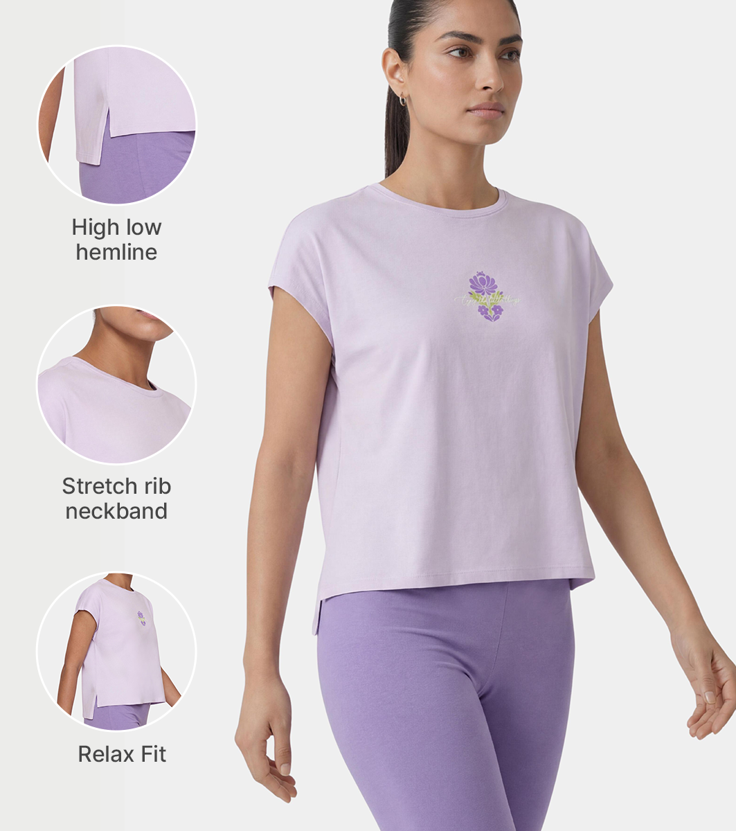 Enamor Pull on Sleeveless Crew Neck Regular Length Cotton T-Shirt For Women with Embroidery Details, Relaxed Fit - E3G7 (Lavender Fog)