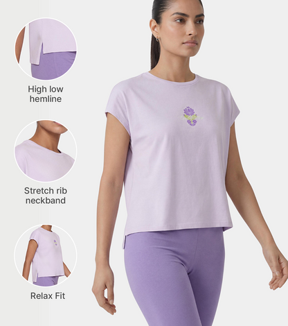 Enamor Pull on Sleeveless Crew Neck Regular Length Cotton T-Shirt For Women with Embroidery Details, Relaxed Fit - E3G7 (Lavender Fog)