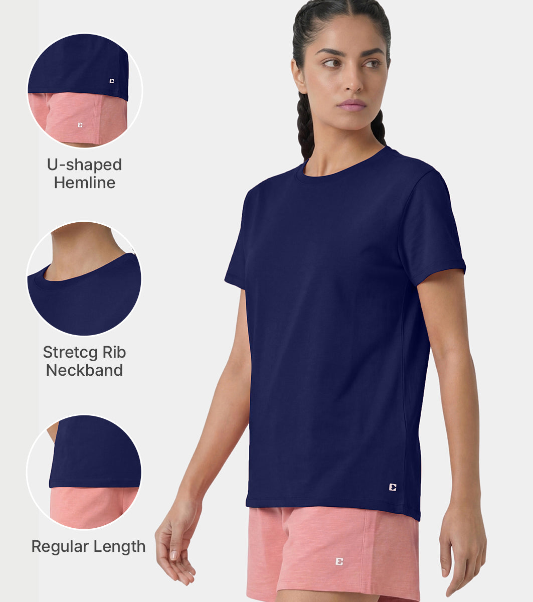 Enamor Pull on Short Sleeve Crew Neck Regular Length Cotton Comfort T-Shirt For Women - Relaxed Fit - E311 (Dark Blue)