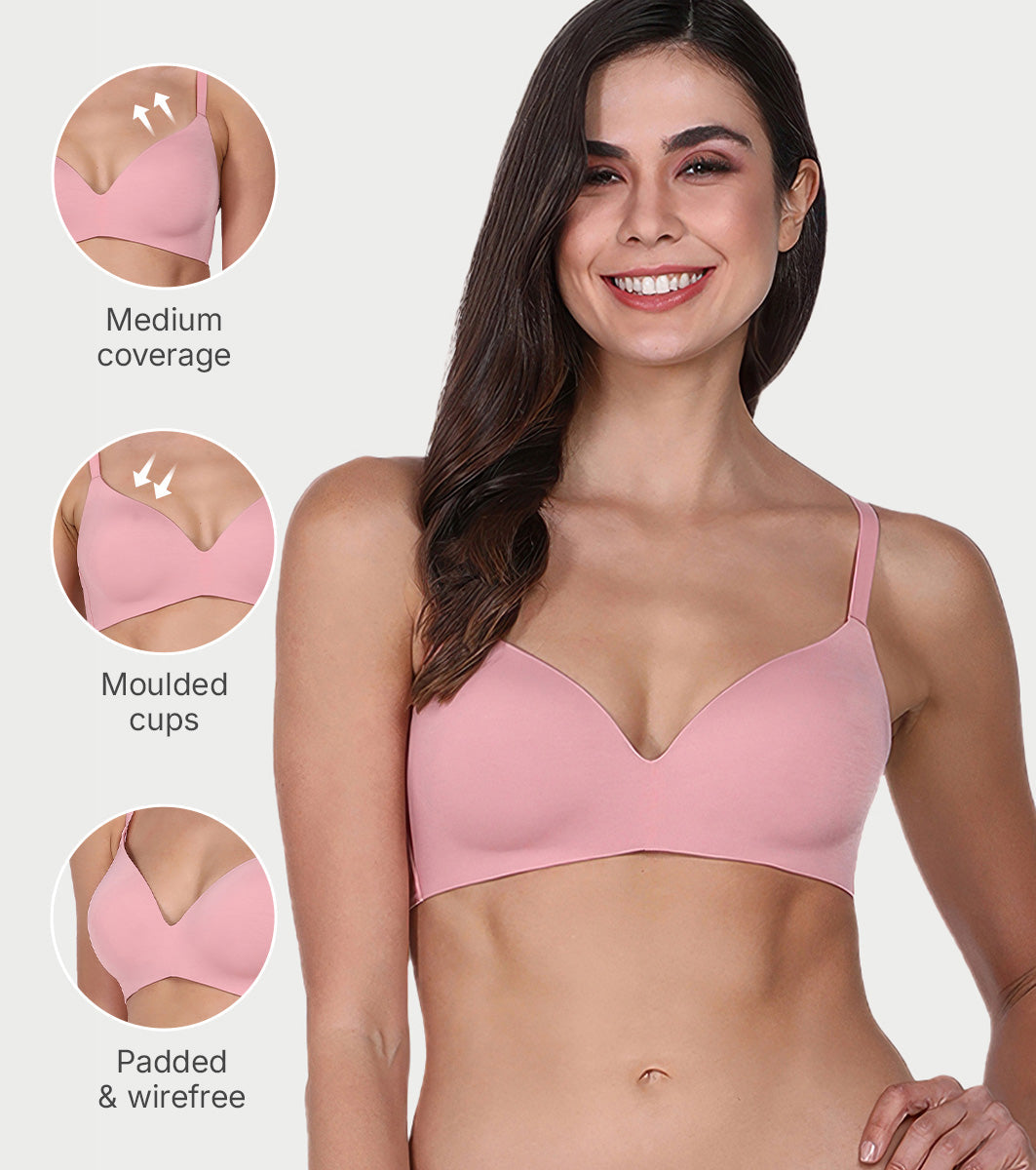 Enamor Innovations Invisibra, Ultra smooth, Flexi Wire Lift, Bonded, Women's T-Shirt Bra - Seamless, No-Pinch, Padded, Wirefree, Medium Coverage - F084 (Strawberry Ice)