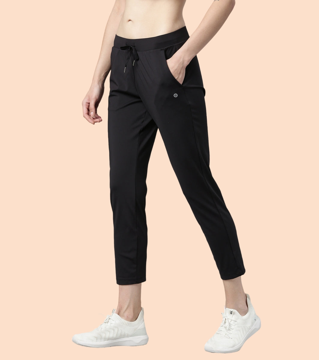 Enamor Mid Rise 7/8th length Drawstring Closure Travel Pants For Women - Relaxed Fit, Quick Dry, Antimicrobial - E068 (Jet Black)