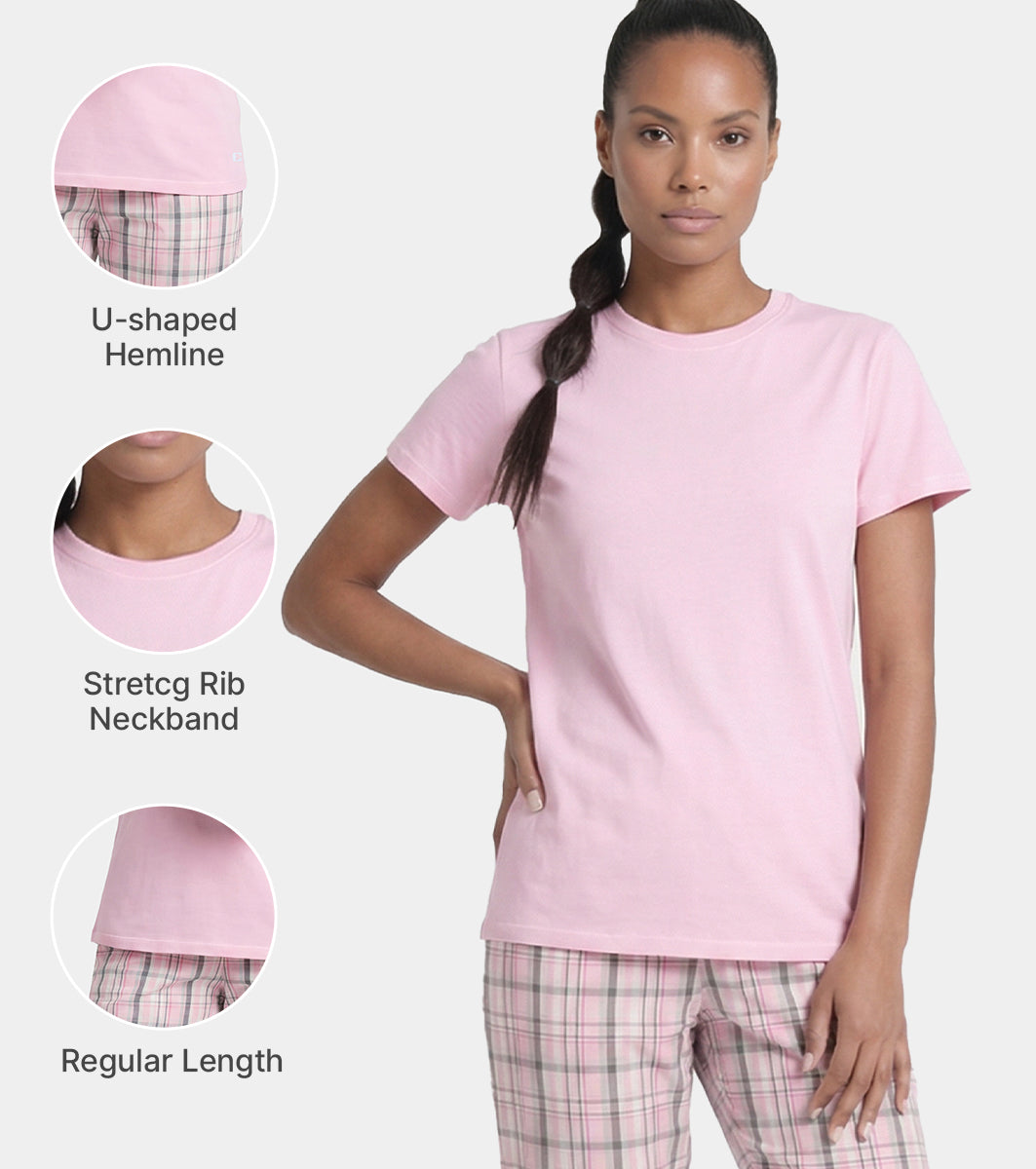 Enamor Pull on Short Sleeve Crew Neck Regular Length Cotton Comfort T-Shirt For Women - Relaxed Fit - E311 (Pink Nectar)